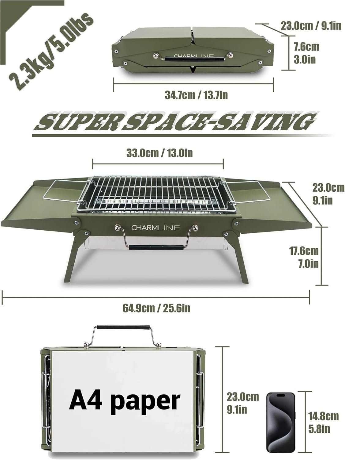 Charmline 14x9inch Small Desktop Charcoal Grill, Liftable Grilling Net, Saving Space Grill for Indoor and Outdoor, BBQ Grill for Camping, Gardens, Picnics, Beach Parties, Green - Image 2