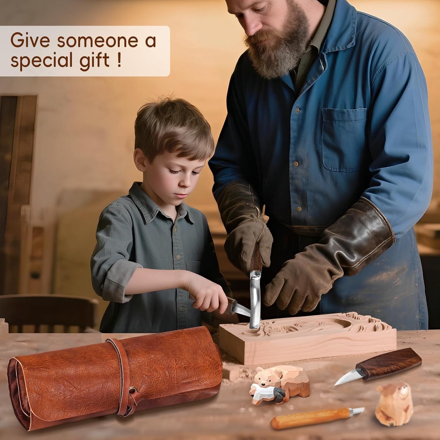 Wood Carving Tools, 22Pcs Wood Carving Kit with Leather Storage Bag & 5Pcs Whittling Knives & 5 Detail Knives & 1 Folding Saw,Whittling kit for Beginners and Enthusiasts - Image 7