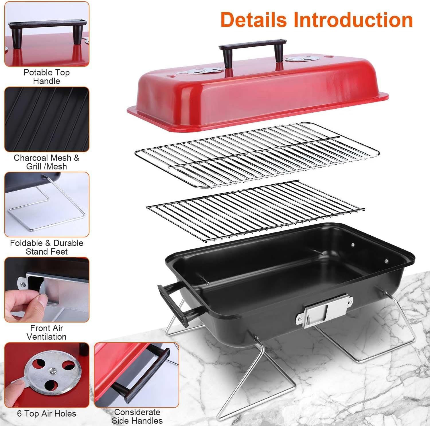 iMounTEK Portable Charcoal Grill Outdoor Tabletop Grill Small Barbecue Smoker Folding BBQ Grill with Lid for Backyard Camping Picnics Beach for Outdoor Cooking Camping Picnics Garden Grilling/Red - Image 2
