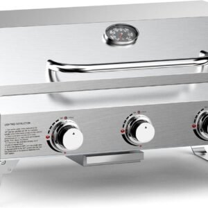 Tabletop Gas Grill 3 Burners, Stainless Steel Portable Propane Grill with Foldable Legs for Outdoor Patio Backyard Camping, Tailgating, RV Trip, Heavy Duty & 24000BTU, GS307