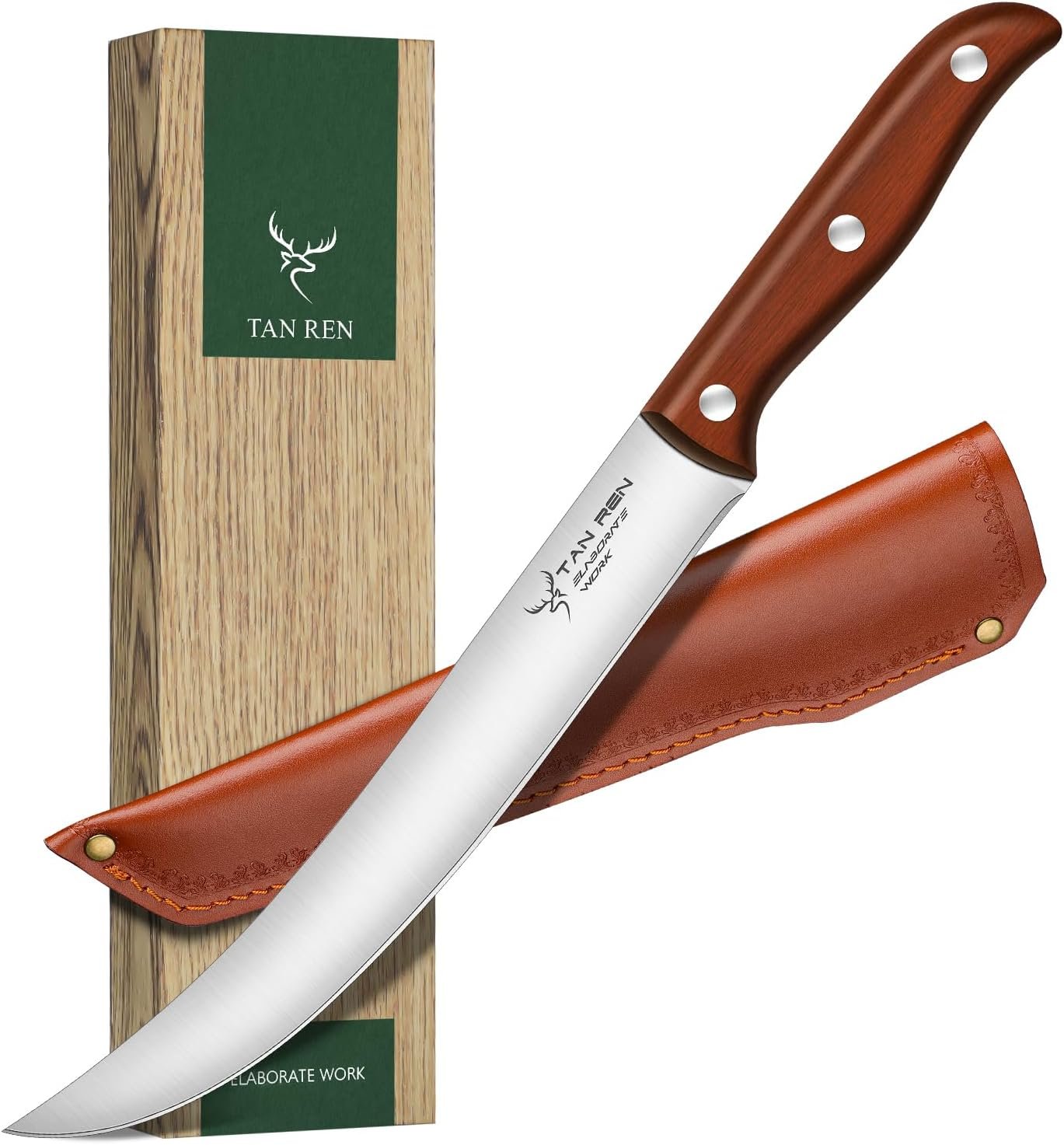 TAN REN Butcher Breaking Knife 8 Inch, Stainless Steel for Meat Cutting, Brisket Trimming With Sheath, Ergonomic Wooden Handle, Carving