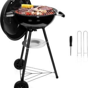HaSteeL 18 Inch Charcoal Grill, Black Kettle Outdoor Barbecue Grill, 2-In-1 Portable BBQ Grill with Wheels for Camping Backyard Patio Picnic, Porcelain-Enameled Lid & Fire Bowl, 254.SQ.IN Cooking Area