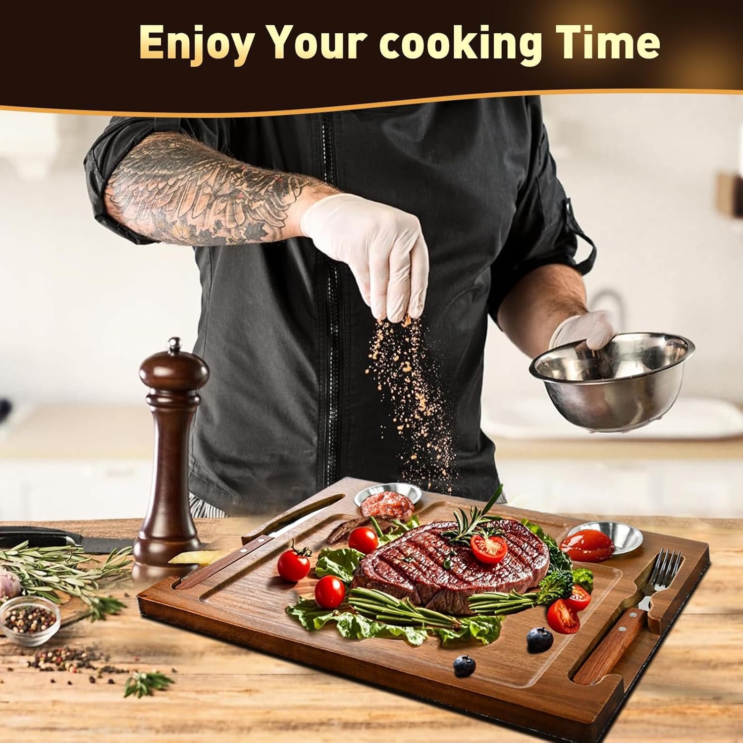 Acacia Wooden Steak Board - Steak Plate Cutting Board with Fork, Knife and Ramekins Wood Serving Board for Home 15.7 Inches (1 set) - Image 7