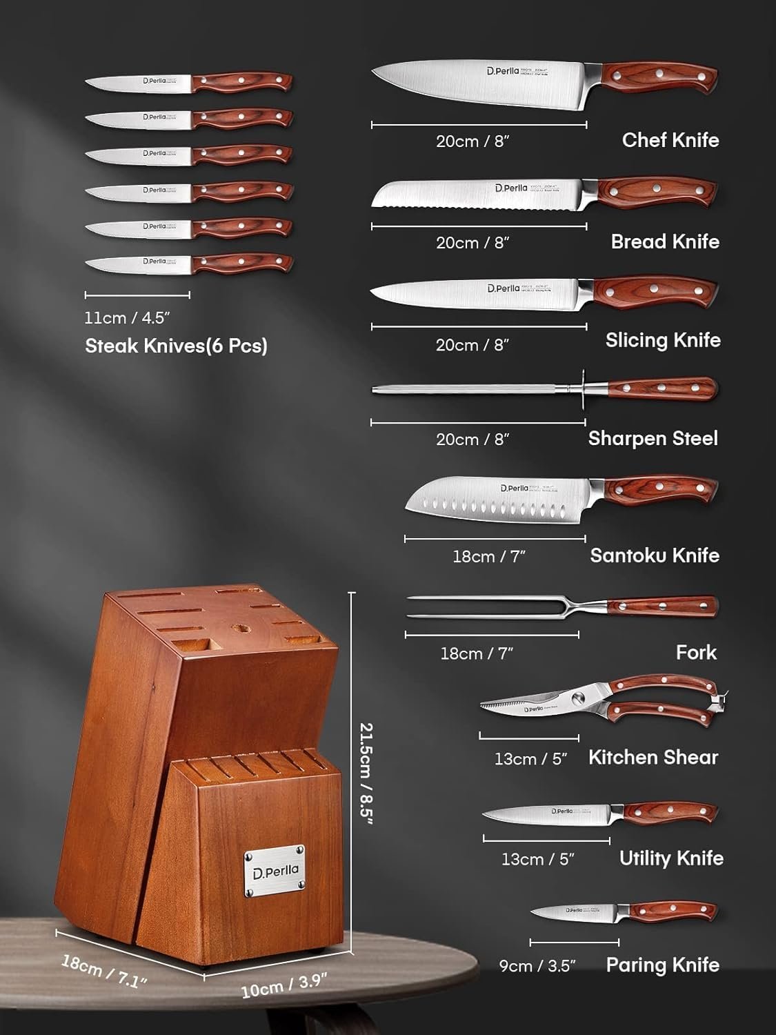 Knife Set with Block, 16 Pcs Stainless Steel Kitchen Knife Set with Sharpener & Wooden Block, Knife Block Set with Wood Handle, Chef, Santoku, Bread, Utility, Paring & Carving Fork Knife, Brown - Image 2