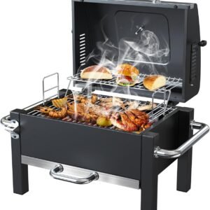 Portable Charcoal Grill with Warming Rack, Tabletop Charcoal Grill, Small BBQ Grill with Thermometer(100-800°F), Outdoor Charcoal Smoker for Camping, Picnic, Hiking, Beach and Travel