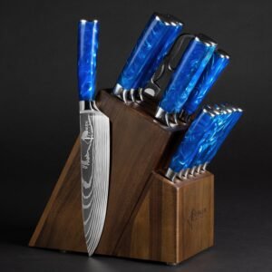 SENKEN 16-Piece Kitchen Knife Block Set – Japanese Chef’s Knife Set with Laser Damascus Pattern, Includes 6 Steak Knives and Smoothly-Finished Acacia Hardwood Knife Block (Blue Resin Handles)