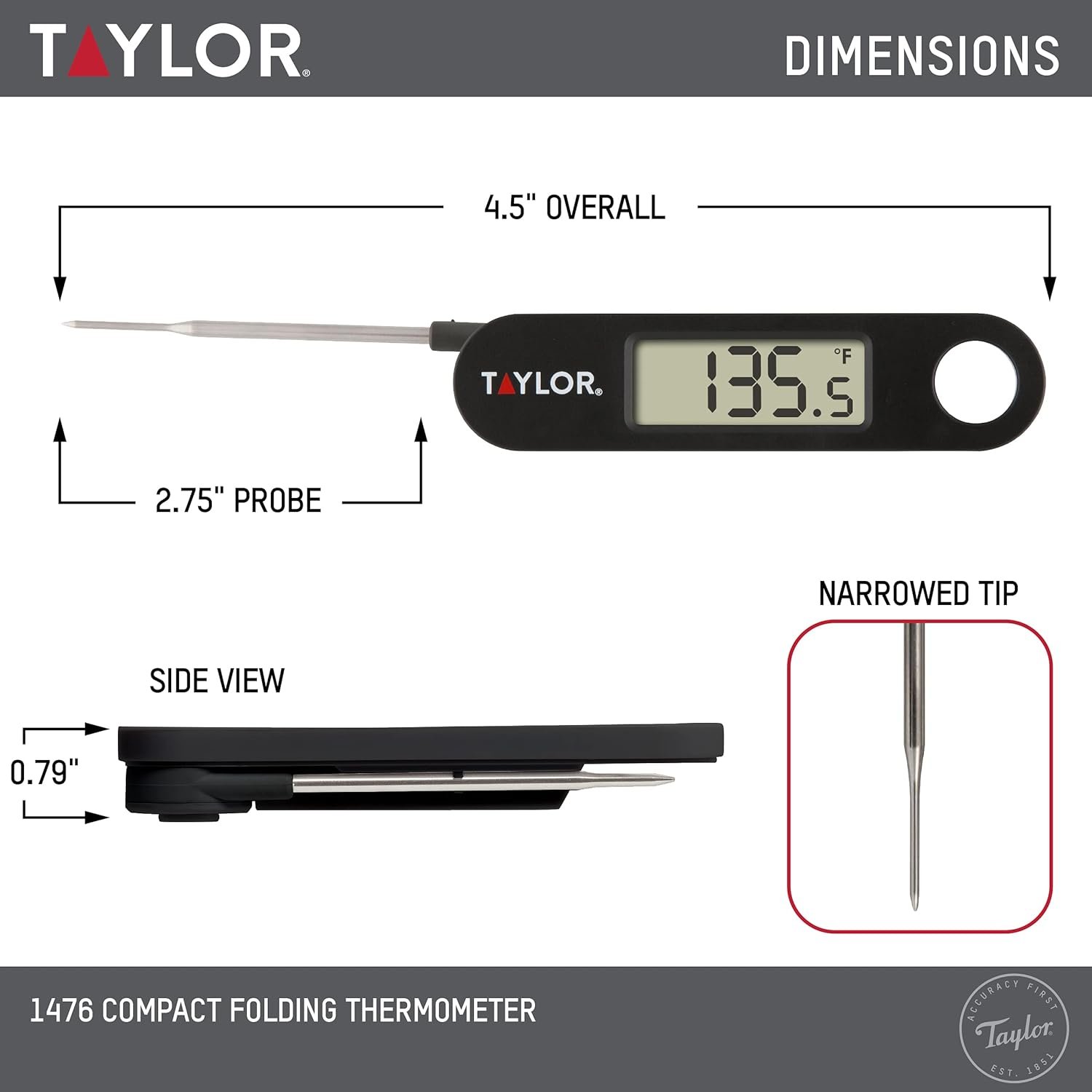 Taylor 1476 Instant Read Digital Meat Food Grill BBQ Cooking Kitchen Thermometer, Tailgating and Grilling Compact Folding Probe, Black - Image 3