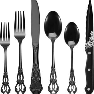 Gorgeous Retro 48 Pcs Black Silverware Set with Steak Knives, Royal Silverware Set for 8, Stainless Steel Mirror Flatware Cutlery Set, Include Forks Spoons and Knives set, Dishwasher Safe