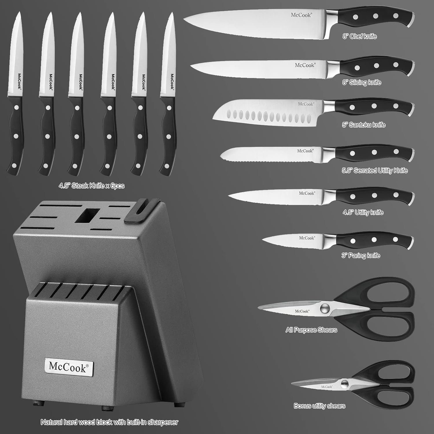 McCook® Knife Sets,German Stainless Steel Kitchen Knife Block Set with Built-in Sharpener - Image 6