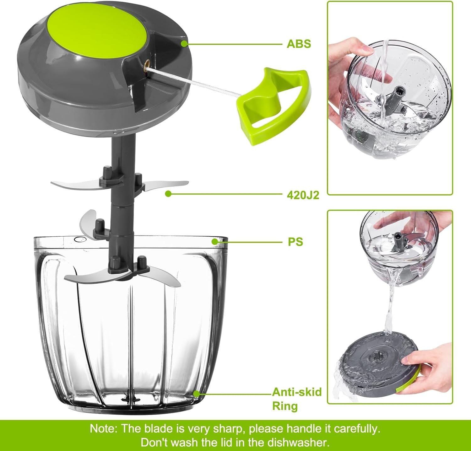 Manual Food Processor Vegetable Chopper, Portable Hand Pull String Garlic Mincer Onion Cutter for Veggies, Ginger, Fruits, Nuts, Herbs, etc., 900ml-Gray - Image 8