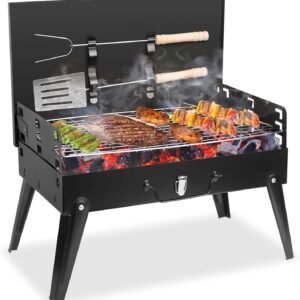 Portable Charcoal Grill, Small BBQ Grill Outdoor Folding Barbecue Grill with Barbecue Accessories & Lid, Foldable Camping Grill for Outdoor Cooking Camp Picnic Hiking Beach Patio Smokers