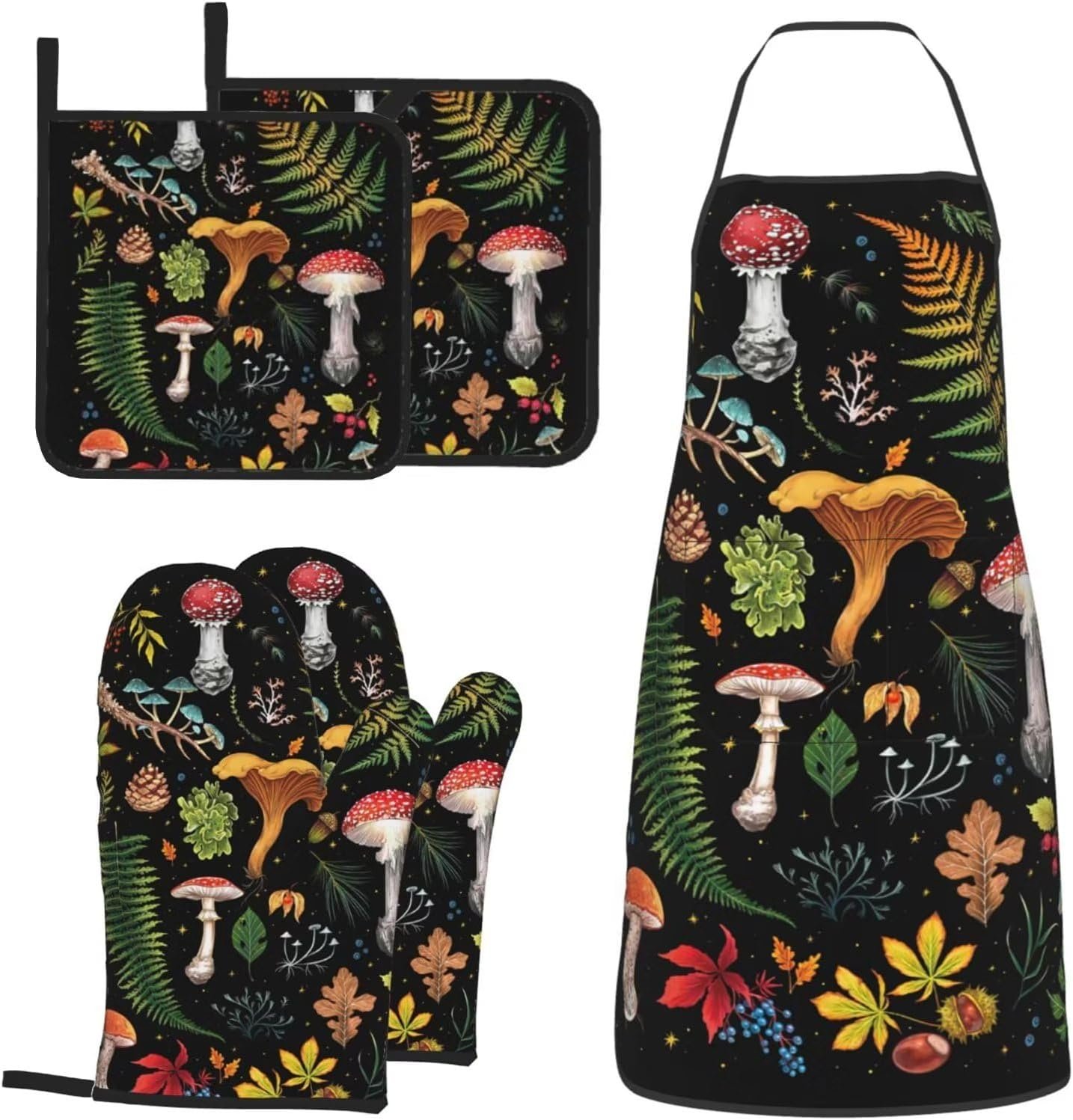 Mushroom Oven Mitts and Pot Holders Sets with Apron 5Pcs Heat Resistant Mushrooms Kitchen Mitten Gloves and Non-Slip Potholders Apron Sets Oven Gloves Hot Holders for Baking Cooking BBQ