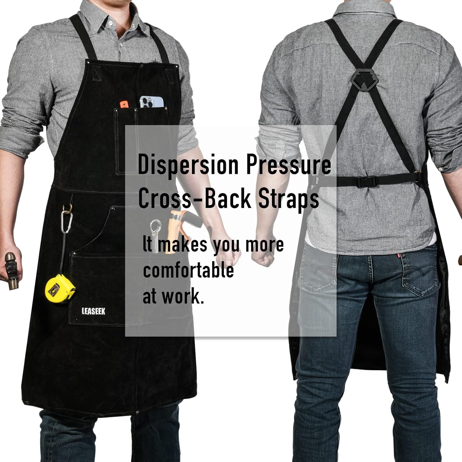LeaSeek Leather Welding Apron,Heat & Flame-Resistant Heavy Duty Work Apron with 6 Pockets,Woodworking Shop Apron - Image 5