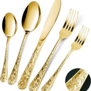Silverware Set, 30 Pieces Vintage Carved Flatware Set for 6, Stainless Steel Cutlery Set with Knife/Fork/Spoon,Utensil Set for Home and Kitchen, Dishwasher Safe (Gold)