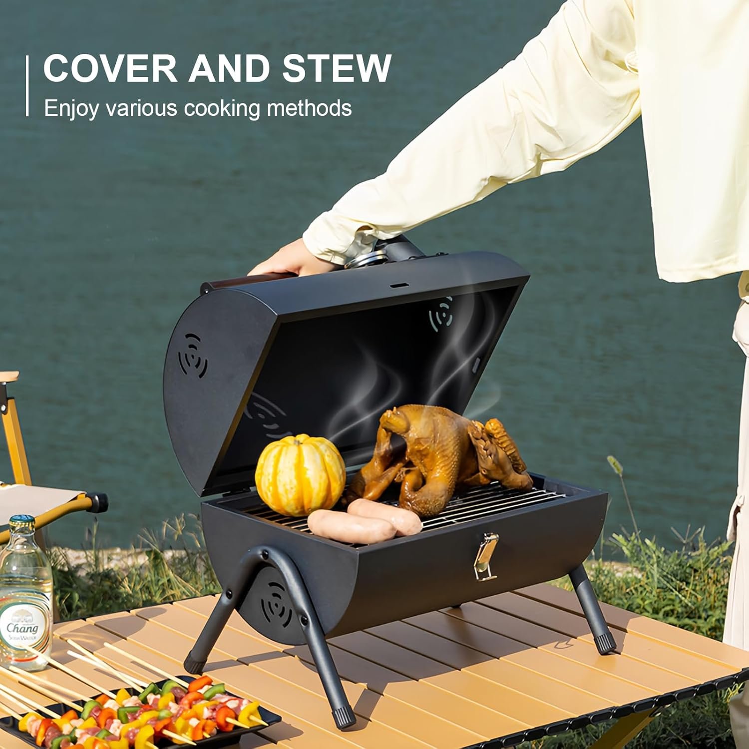 Portable Charcoal Grill with Thermometer, Double-sided barbecue grill for a larger area,Charcoal Smoker for camping,picnics.charcoal grills - Image 5