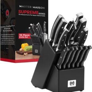 Master Maison 15-Piece Kitchen Knives Set – Wooden Knife Block Set with Sharpener – Chef, Utility, Sontoku, Carving Knife and 6 Steak Knives – Stainless Steel Blades for Professional Cooking – Black