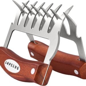 LOPE & NG Meat Handler Shredder Claws Set Of 2 – Wood Stainless Steel BBQ Pulled Pork Paws For Shredding Handing Carving Food