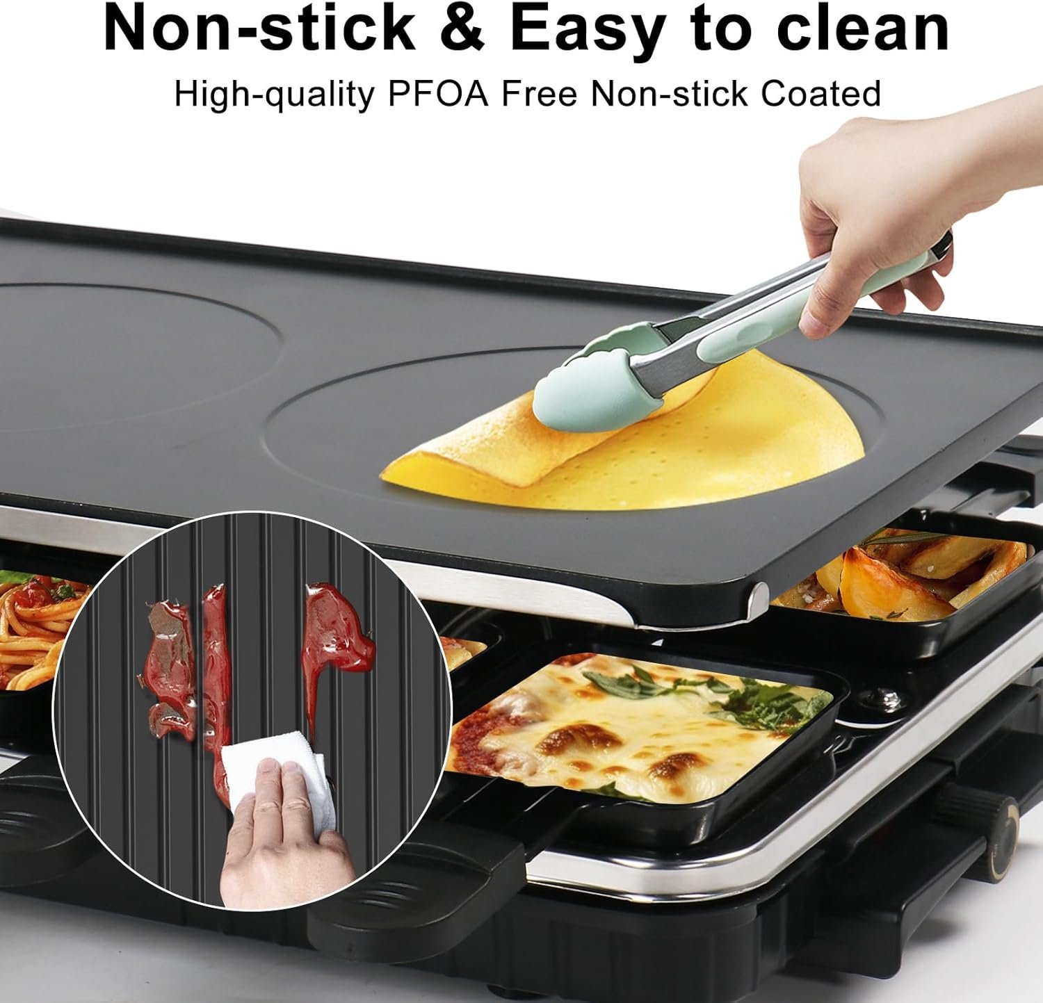 Raclette Grill, Indoor Grills Electric Smokeless Korean BBQ Grill Table, 2 in 1 Electric Griddle Nonstick with 8 Raclette Cheese Pans Adjustable Temperature Control 1300W Ideal for Family & Party Fun - Image 4