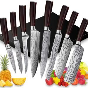 UniqueFire Chef Knife Set 8 PCS, Professional Kitchen Knives set, Ultra-sharp German high carbon stainless steel cooking knives sets for Home & Restaurant, Ergonomic Red-wood Handle with Gift Box