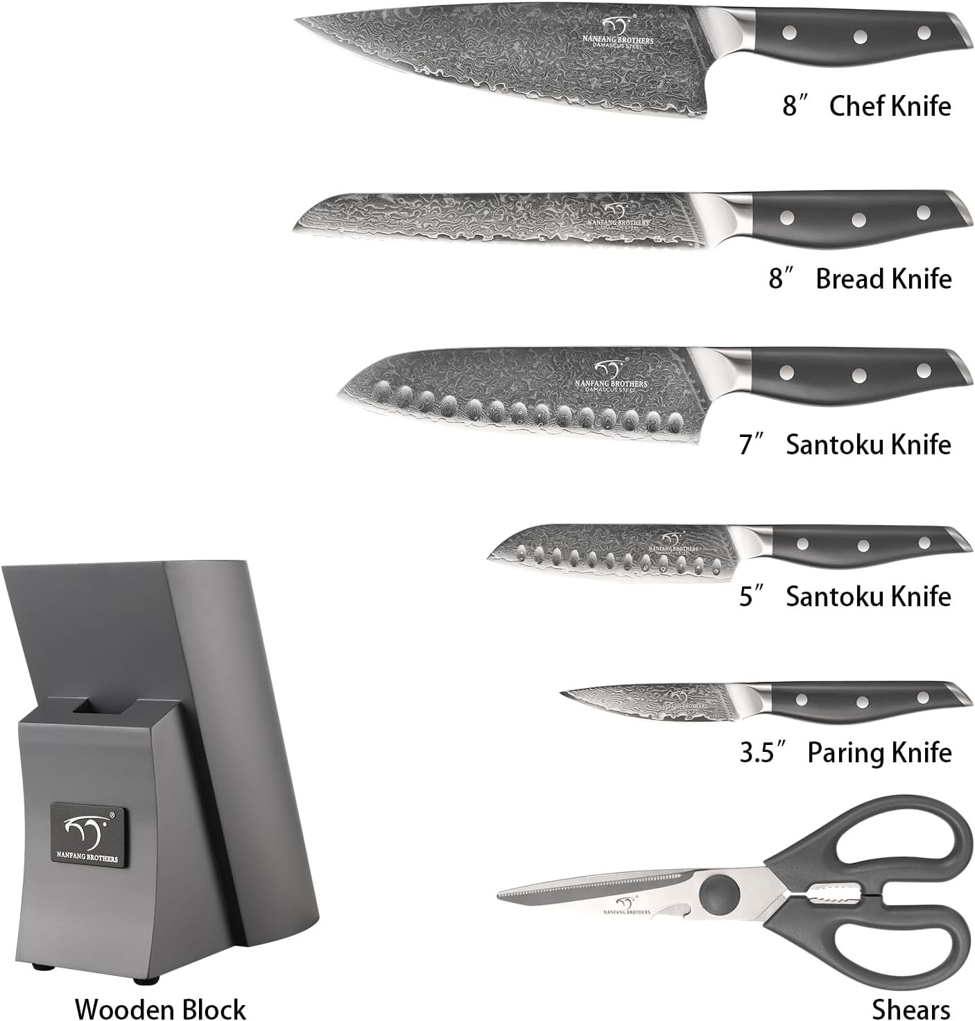 NF NANFANG BROTHERS Knife Set, 7-Pieces Damascus Kitchen Knife Set with Block, ABS Ergonomic Handle for Chef Knife Set, Carving Fork, Disconnect-type Knife Block Set (Grey) - Image 3