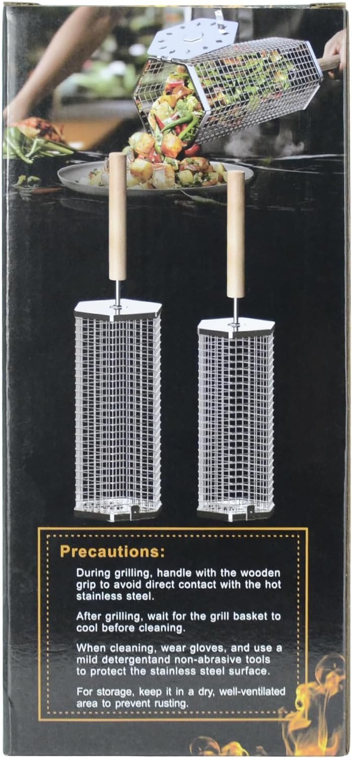 Rolling Grill Baskets (Hexagon), Removable Wooden Handle, 304 Stainless Steel, Nesting Grilling Net, BBQ Accessories Tools for Vegetables Shrimp, Outdoor Cooking Camping, Birthday Gifts for Men Dad Husband - Image 10