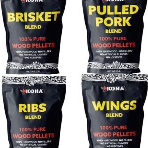 Kona Wood Pellets Brisket, Ribs, Wings,and Pulled Pork Blend Variety Pack, Intended for Ninja Woodfire Outdoor Grill, Wood Fire Oven, 4, 2lb Resealable Bags