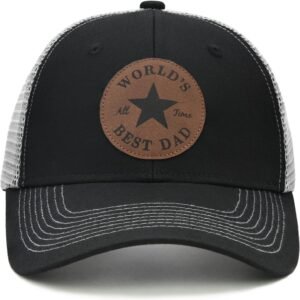 World’s Best Dad Hat with Leather Patch, Fathers Day Birthday for Dad Husband from Wife Daughter Son Trucker Hat