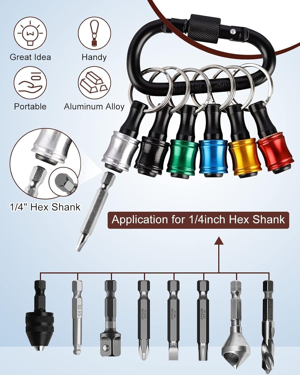 Push to Unlock,Katerk 6pcs 1/4 inch Hex Shank Aluminum Alloy Screwdriver Bit Holder Light-Weight Quick-Change Extension Bar Keychain Drill Screw Adapter Portable,Black Carabiner,Tool Gifts for Men - Image 2