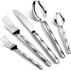 SSGP Silverware Set, 20-Piece Flatware Set for 4, 18/10 Stainless Steel Premium Cutlery Utensil with Diamond Cut Pattern, Knives Forks Spoons for Home Kitchen, Dishwasher Safe, Mirror Polished
