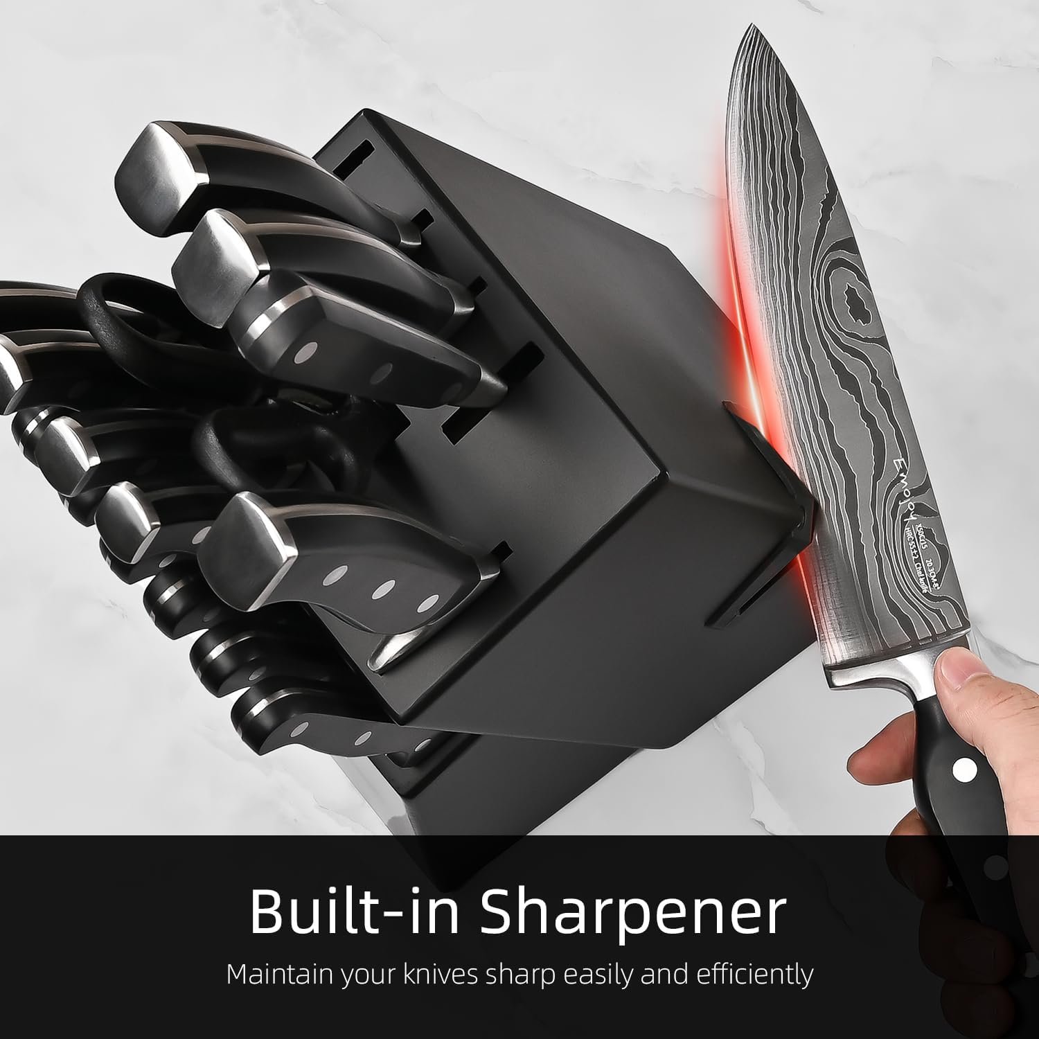 Knife Set, Emojoy 18-Piece Knife Sets for Kitchen with Block, Stainless Steel Kitchen Knives with Built-in Sharpener, Shears and Carving Fork, Black - Image 4