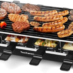 Raclette Table Grill, Techwood Electric Indoor Grill Korean BBQ Grill, Removable 2-in-1 Non-Stick Grill Plate, 1500W Fast Heating with 8 Cheese Melt Pans, Ideal for Parties and Family Fun (Black)