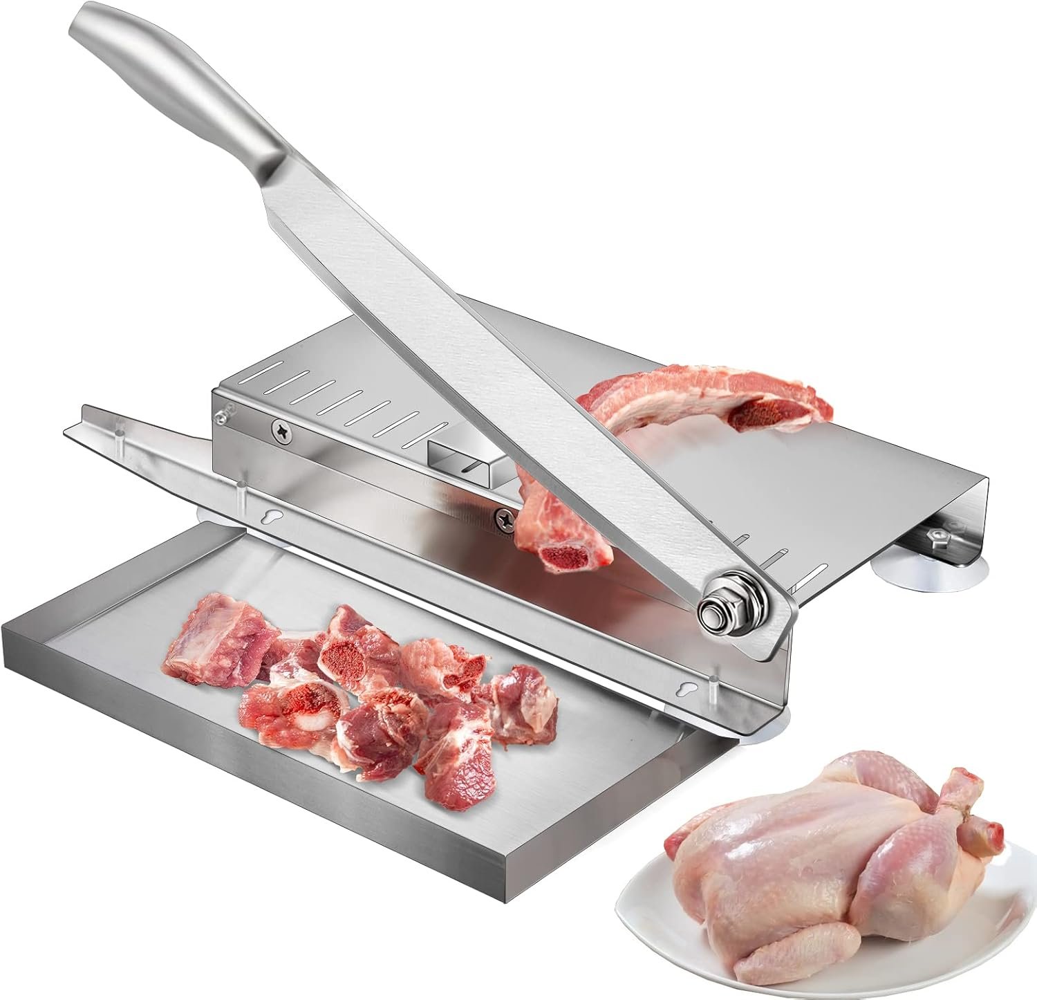 Meat Slicer Bone Cutter 20in,Manual Ribs Chopper for Chicken Fish or Beef,Stainless Steel Frozen Meat Slicer with Food Tray