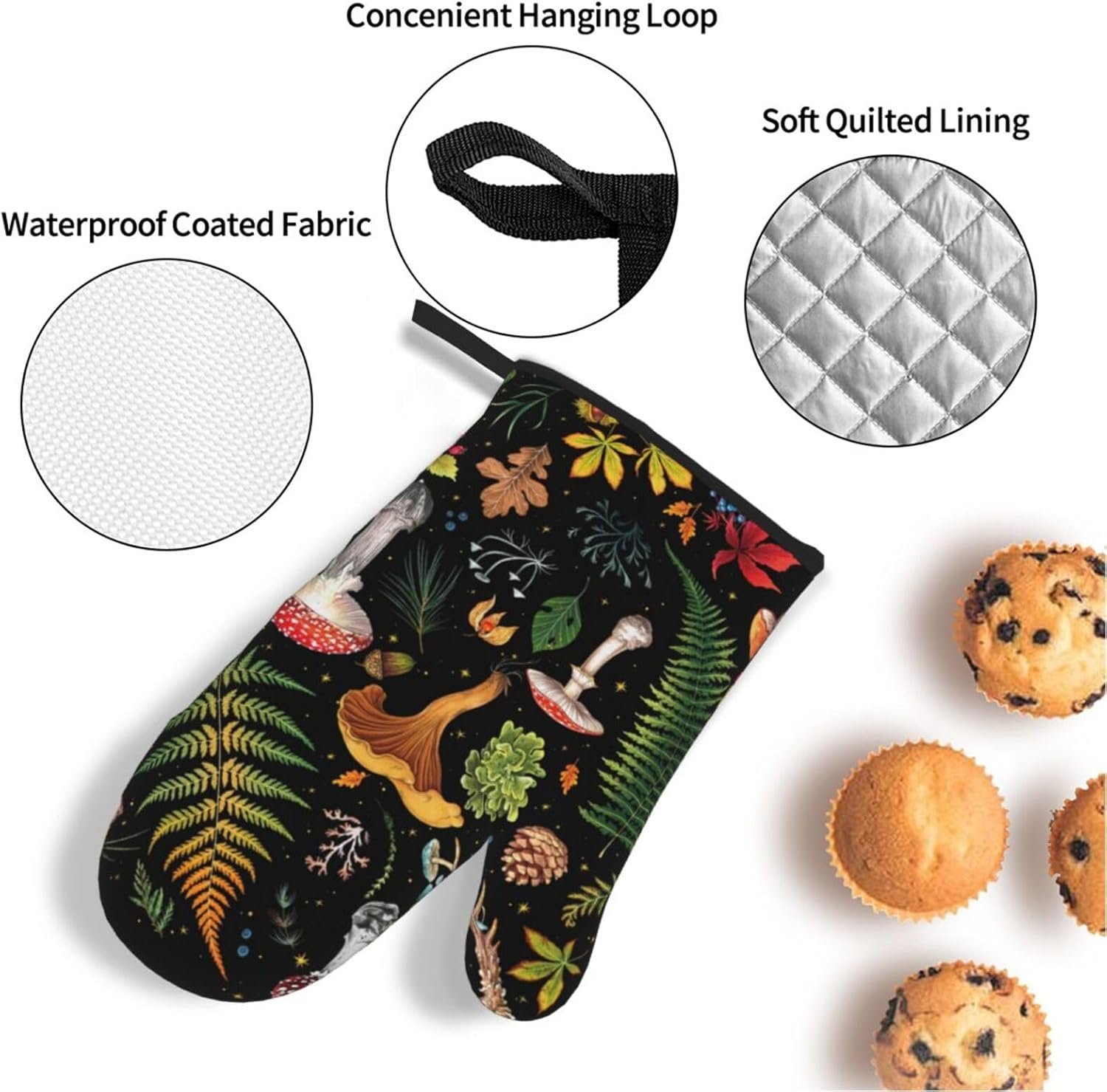 Mushroom Oven Mitts and Pot Holders Sets with Apron 5Pcs Heat Resistant Mushrooms Kitchen Mitten Gloves and Non-Slip Potholders Apron Sets Oven Gloves Hot Holders for Baking Cooking BBQ - Image 3