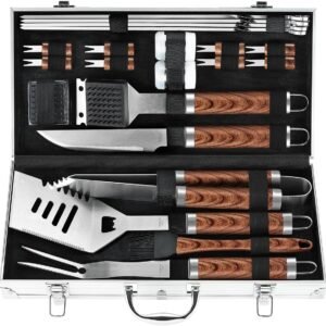 POLIGO 22PCS Heavy Duty BBQ Grill Accessories Set, Non-Slip Grill Tools for Outdoor Grill Set Thicker Stainless Steel Grill Utensils Set, Deluxe Grilling Tools Set in Aluminum Case Ideal Gifts for Men