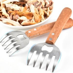 Meat Shredder Claws, Meat Claws with Long Wooden Handles, Dishwasher Safe Meat Shredder Tool, Heavy Duty 304 Stainless Steel Pulled Pork Shredder Claw with Bottle Opener for BBQ, Grill, Turkey