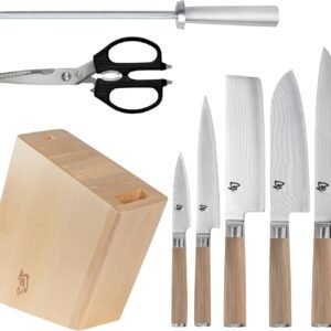 Shun Classic Blonde 8 Piece Block Set, Includes 8″ Chef, 7″ Santoku, 3.5″ Paring, 6.5″ Nakiri, 6″ Utility Knives, Multipurpose Shears, Honing Steel & Knife Block, Handcrafted Japanese Knife Set