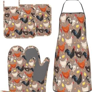 Chicken Oven Mitts and Pot Holders with Apron Set of 5 Silicone Breeds of Chicken Kitchen Mitts and Non-Slip Potholders Apron Set Heat Resistant Funny Rooster Hen Chicken Oven Gloves Hot Pads