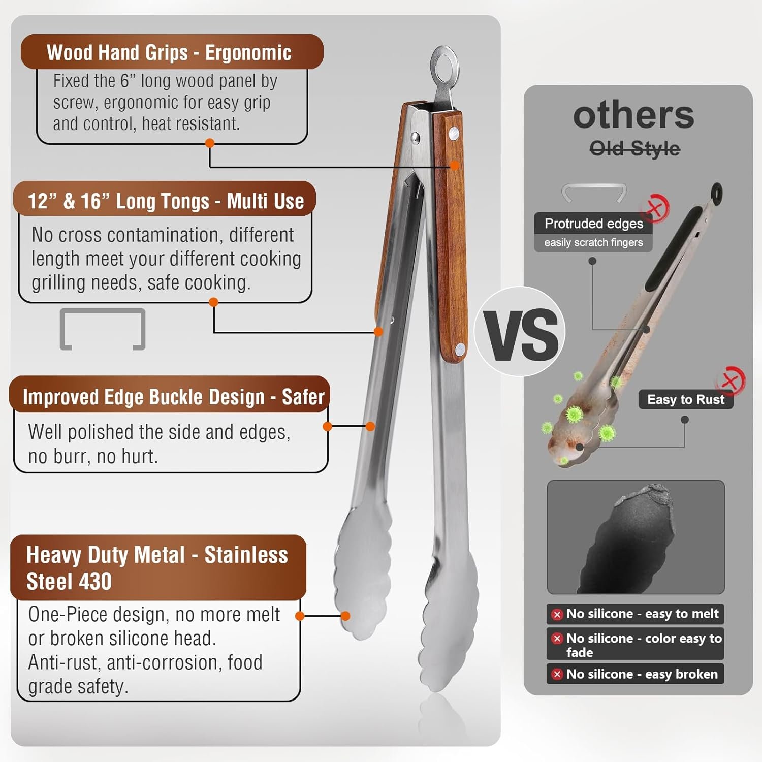 Esie Houzie 16" & 12" Heavy Duty Stainless Steel Grill Tongs with Locking Mechanism & Heat-Resistant Wooden Handle - 2-Pack BBQ Tongs for Grilling, Barbecue, Kitchen Cooking Accessories - Image 2