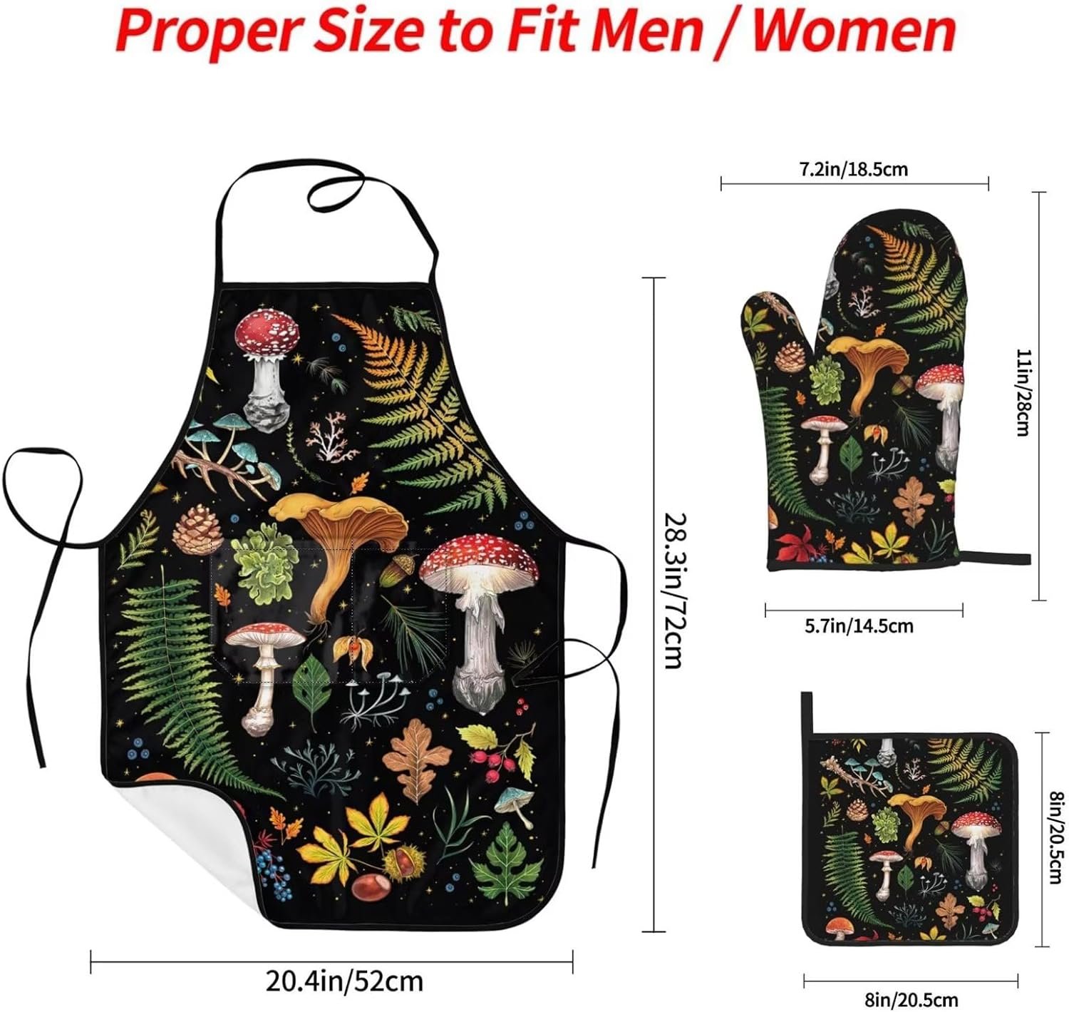 Mushroom Oven Mitts and Pot Holders Sets with Apron 5Pcs Heat Resistant Mushrooms Kitchen Mitten Gloves and Non-Slip Potholders Apron Sets Oven Gloves Hot Holders for Baking Cooking BBQ - Image 2