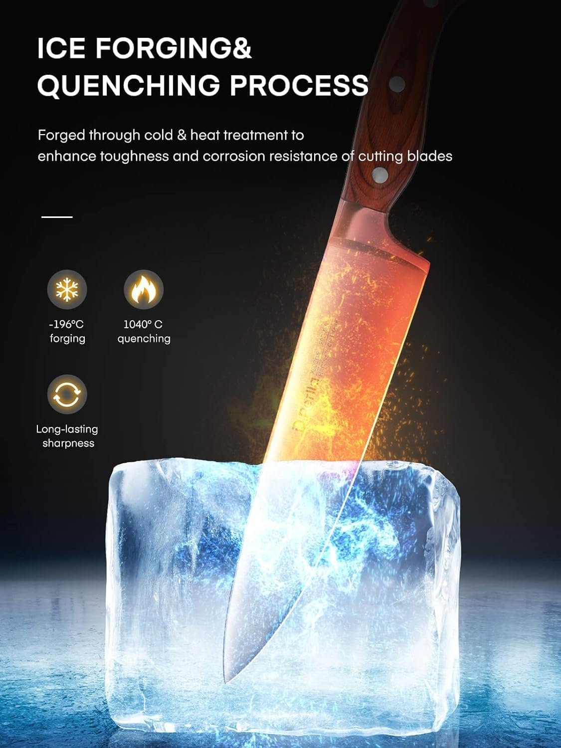 Knife Set with Block, 16 Pcs Stainless Steel Kitchen Knife Set with Sharpener & Wooden Block, Knife Block Set with Wood Handle, Chef, Santoku, Bread, Utility, Paring & Carving Fork Knife, Brown - Image 6