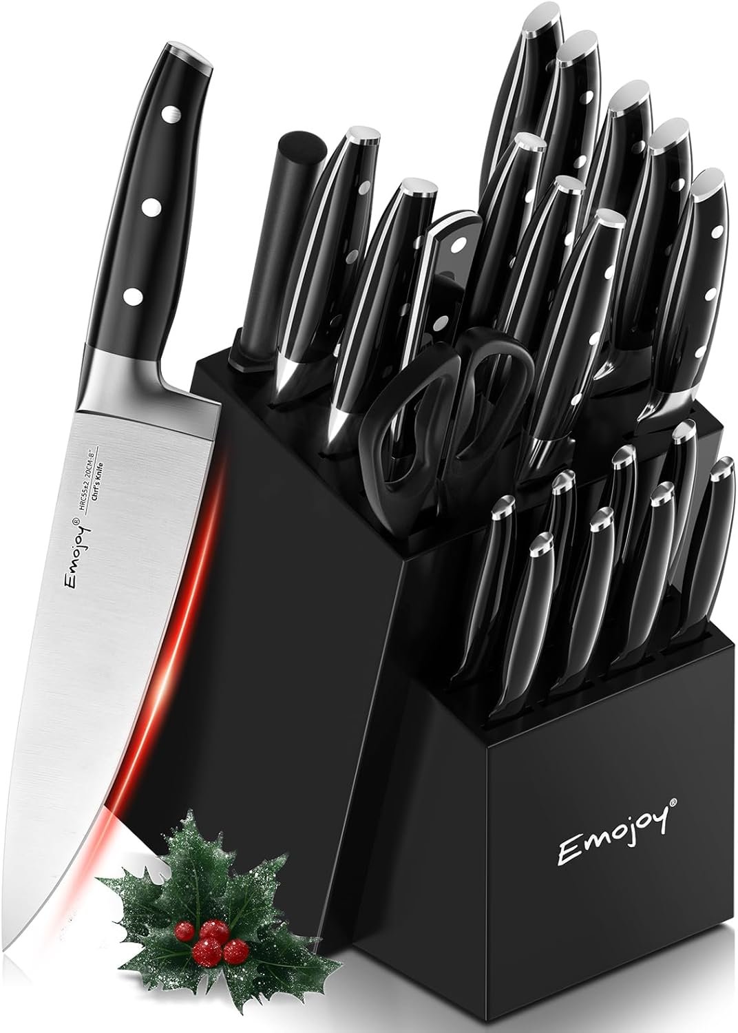 Emojoy 22-Piece Kitchen Knife Set with Block, Include 2-pair Chef Knives, Carving Fork and Sharpener (Dual-Chef Sets)