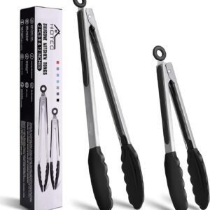 HOTEC Premium Stainless Steel Locking Kitchen Tongs with Silicon Tips, Set of 2-9″ and 12″