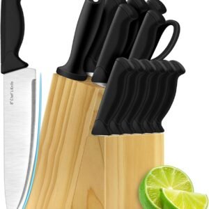 Knife Set, 14-Piece Kitchen Knife Set with Wooden Block, High Carbon Stainless Steel Knives, Ergonomic Handles, Includes Steak Knives, Sharpening Rod, Kitchen Shears