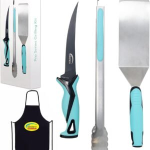 Pro Series 4 Piece Grilling Kit | German G4116 Stainless Steel 7″ Flex Fishing Fillet Knife, Stainless-Steel Tongs and Spatula, danco Apron, Fish Cleaning, BBQ Kit, Grilling Combo