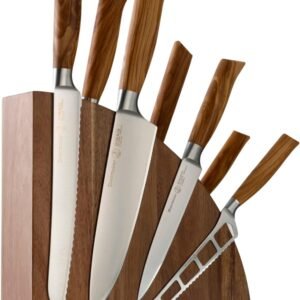 Messermeister Oliva Elite 8-Piece Magnet Block Set – Includes Chef’s, Bread, Carving, Fork, Cheese & Tomato, Utility & Paring Knife + Magnet Block