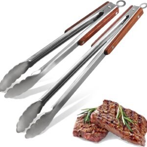 Esie Houzie 16″ & 12″ Heavy Duty Stainless Steel Grill Tongs with Locking Mechanism & Heat-Resistant Wooden Handle – 2-Pack BBQ Tongs for Grilling, Barbecue, Kitchen Cooking Accessories