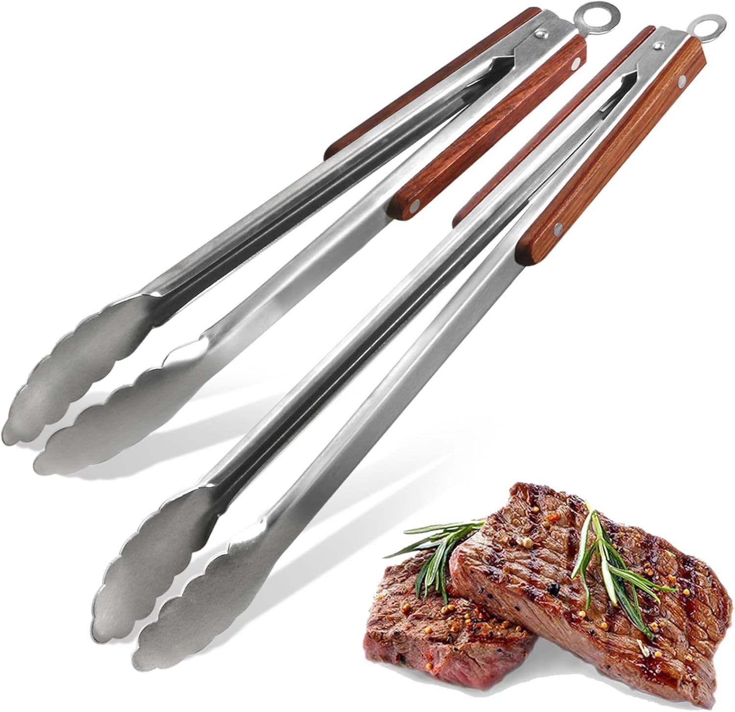 Esie Houzie 16" & 12" Heavy Duty Stainless Steel Grill Tongs with Locking Mechanism & Heat-Resistant Wooden Handle - 2-Pack BBQ Tongs for Grilling, Barbecue, Kitchen Cooking Accessories