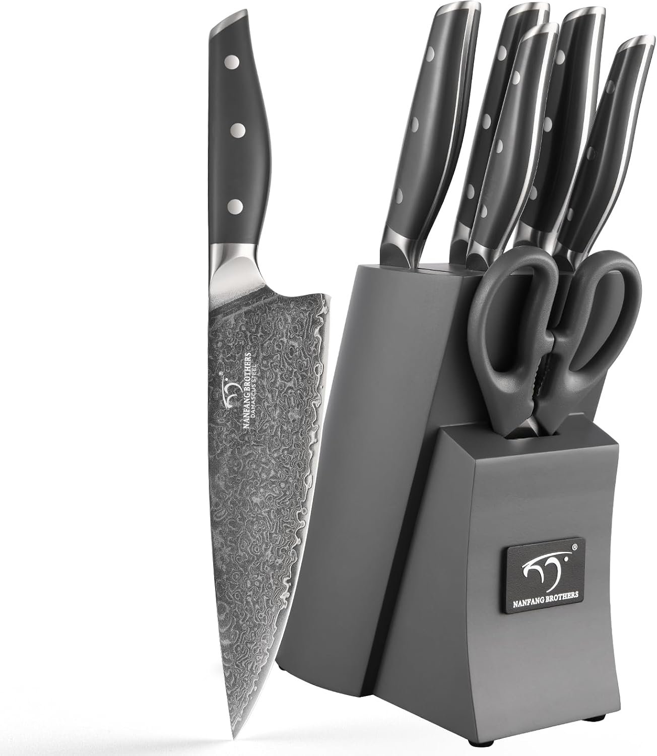 NF NANFANG BROTHERS Knife Set, 7-Pieces Damascus Kitchen Knife Set with Block, ABS Ergonomic Handle for Chef Knife Set, Carving Fork, Disconnect-type Knife Block Set (Grey)
