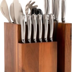 Acacia Magnetic Knife Block and Cooking Utensil Holder, Sleek Storage for Chefs Knives, Steak Knives, Spatulas, Scissors, Non-Slip Rubber Feet, Easy to Clean, Kitchen Countertop Organizer