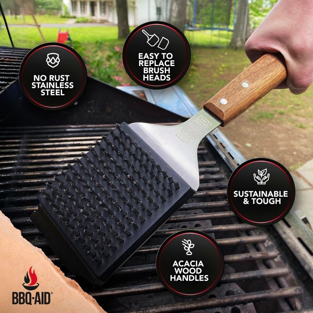 BBQ-Aid Grill Brush and Scraper for Barbecue – Grill Brush for Outdoor Grill with Extended, Large Wooden Handle and Replaceable Stainless Steel Bristles Head –No Scratch- BBQ Grill Brush for Any Grill - Image 6